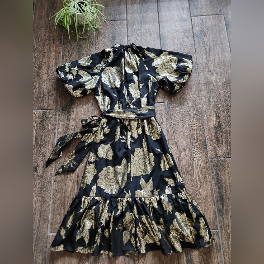 NWT Alex Marie Black Gold Rose Floral Print Black Ruffle Midi Puff Sleeve Dress - Picture 14 of 14